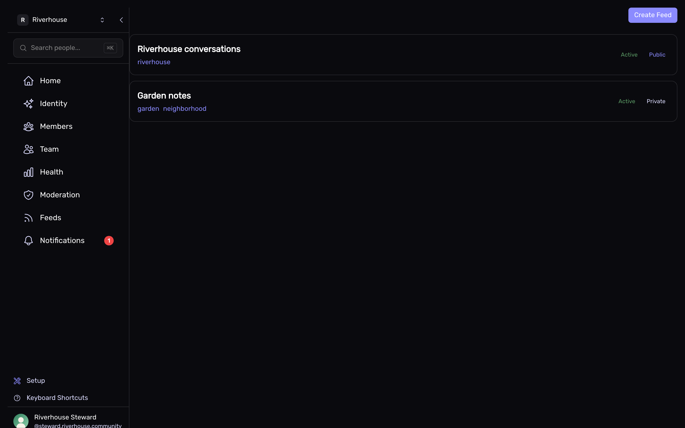 The feeds screen: a list of community feeds with names, visibility, and status.